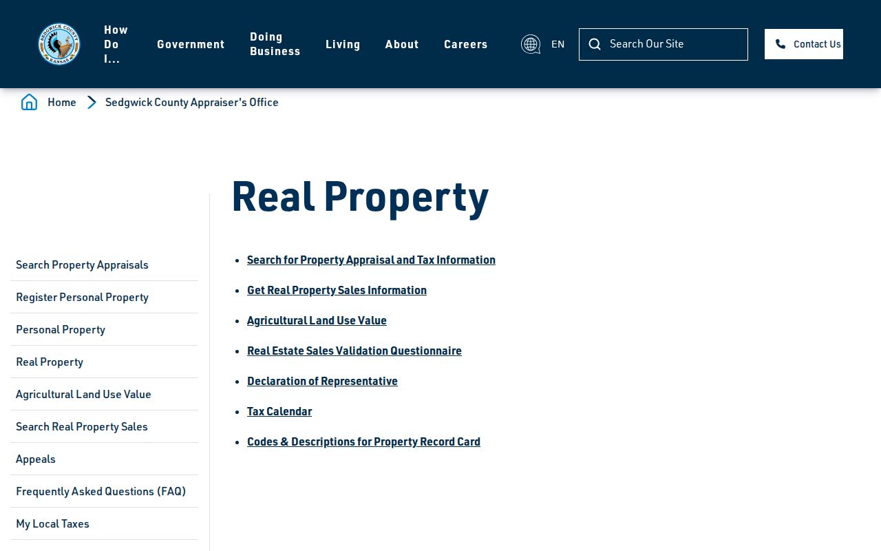 Kansas residents directory reference showing Sedgwick County's property appraisal search page