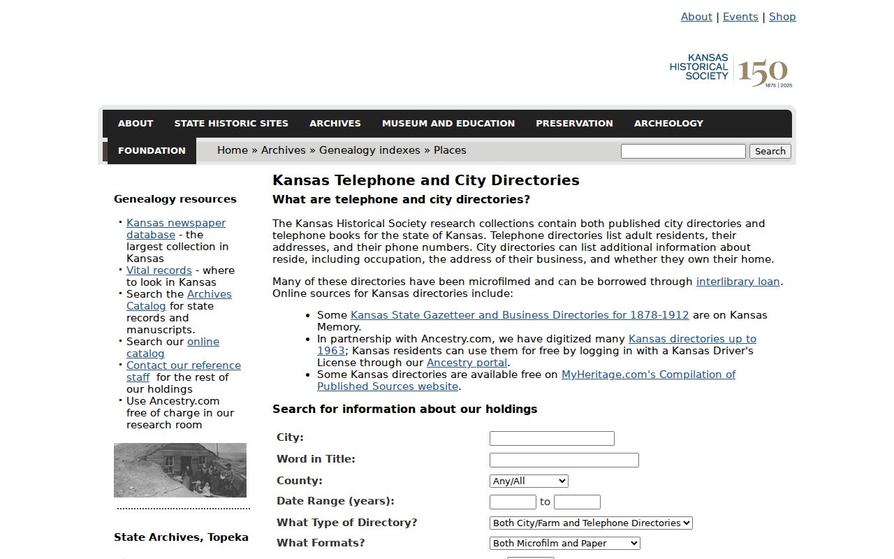 Kansas historical directory holdings and access details on the Kansas Historical Society page