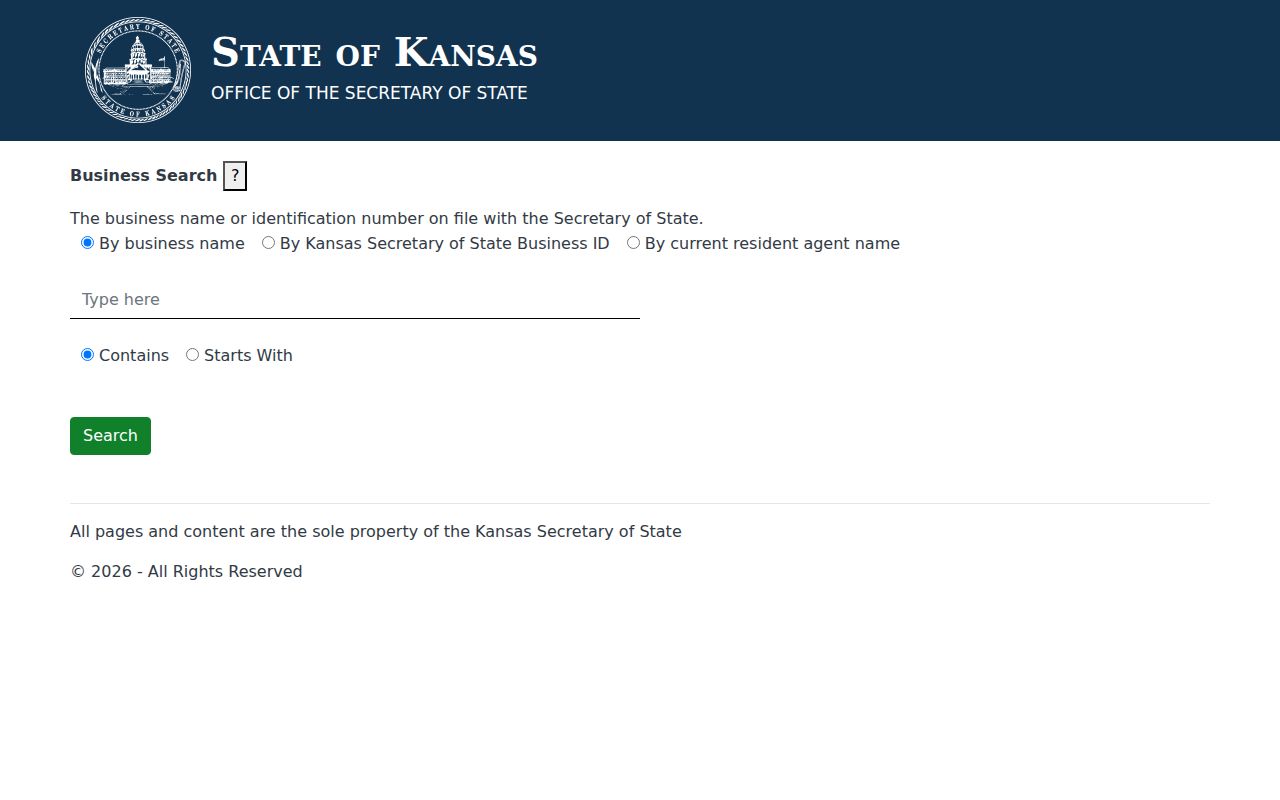 Kansas resident lookup business search tabs for name, SOS ID, and resident agent